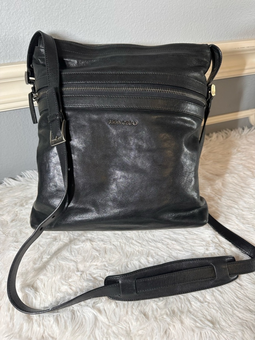 Jimmy Choo Black Leather Messenger Crossbody